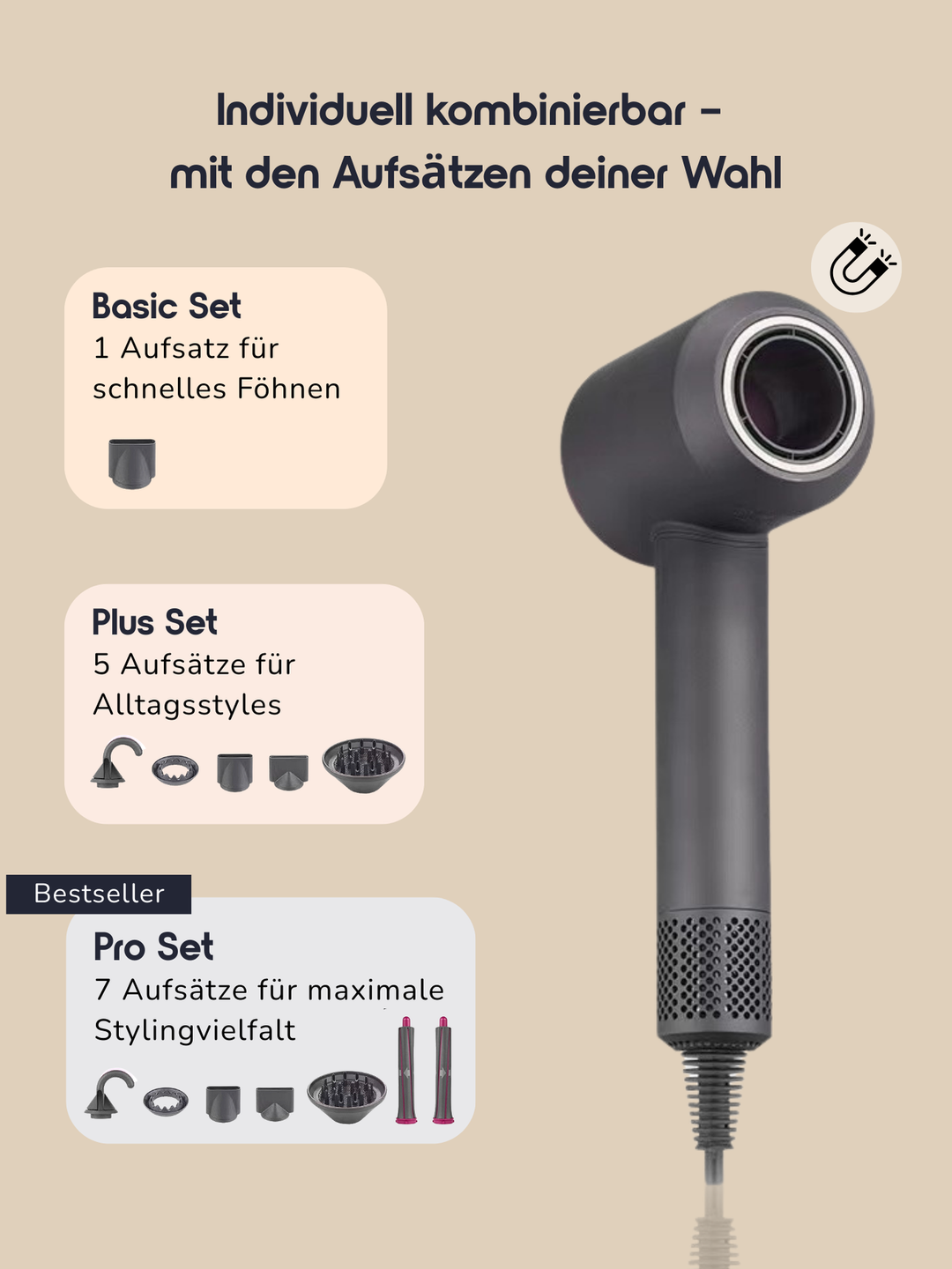 Neded Magnetic Pro Haartrockner - mit verschiedenen Aufsätzen